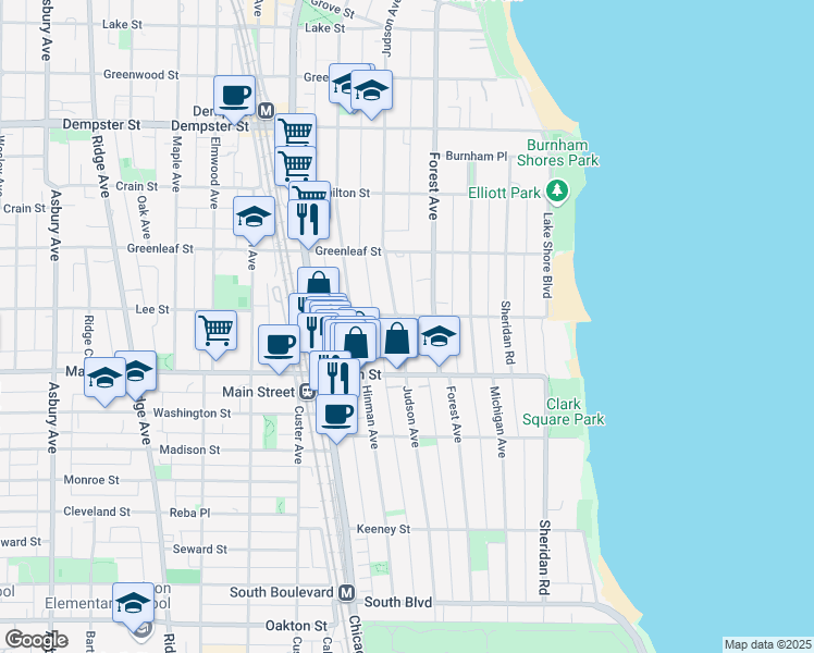 map of restaurants, bars, coffee shops, grocery stores, and more near 1007 Judson Avenue in Evanston