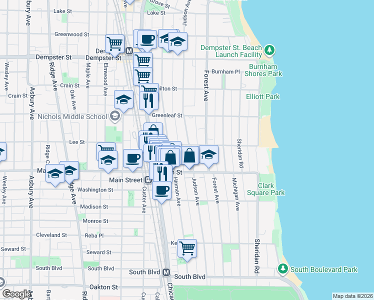 map of restaurants, bars, coffee shops, grocery stores, and more near 1007 Judson Avenue in Evanston