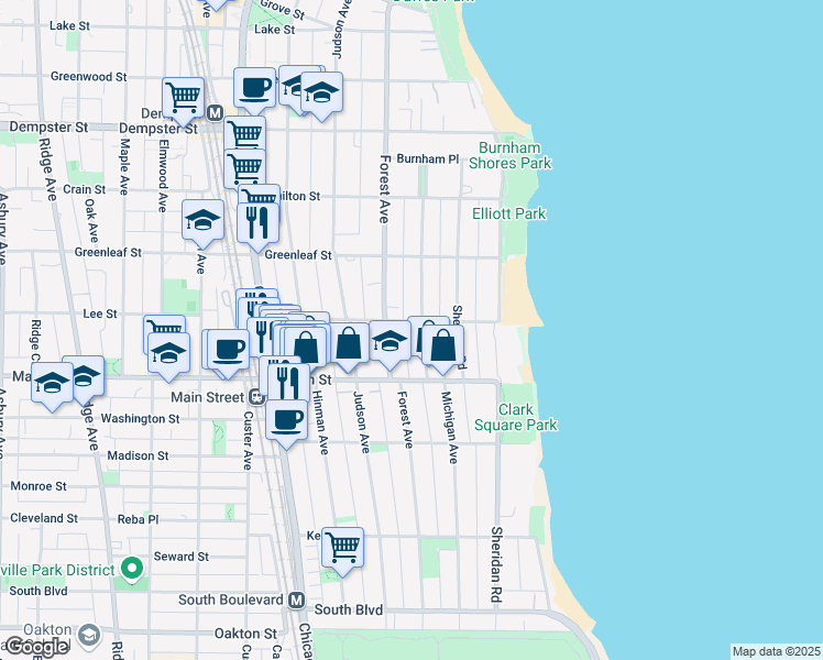 map of restaurants, bars, coffee shops, grocery stores, and more near 940 Michigan Avenue in Evanston