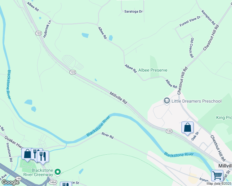 map of restaurants, bars, coffee shops, grocery stores, and more near 944 Millville Road in Uxbridge