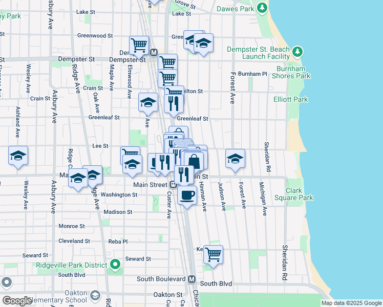 map of restaurants, bars, coffee shops, grocery stores, and more near 1003 Hinman Avenue in Evanston