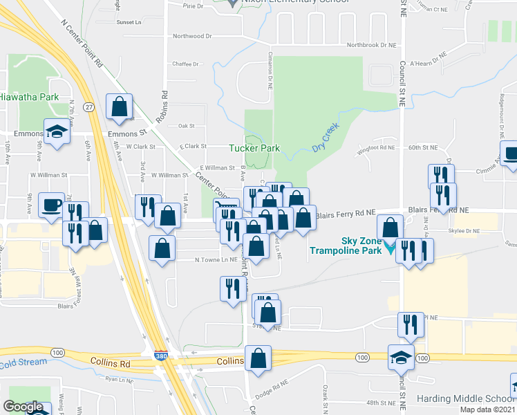 map of restaurants, bars, coffee shops, grocery stores, and more near 310 C Avenue in Hiawatha