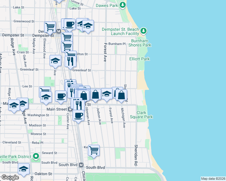 map of restaurants, bars, coffee shops, grocery stores, and more near 1005 Michigan Avenue in Evanston
