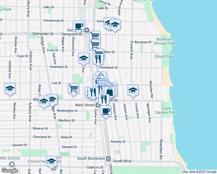 map of restaurants, bars, coffee shops, grocery stores, and more near 1003 Hinman Avenue in Evanston