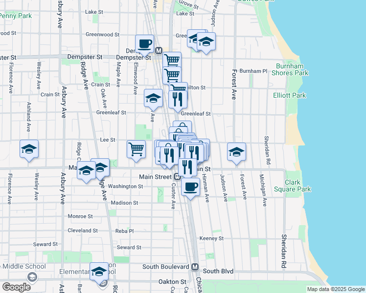 map of restaurants, bars, coffee shops, grocery stores, and more near 1001 Chicago Avenue in Evanston