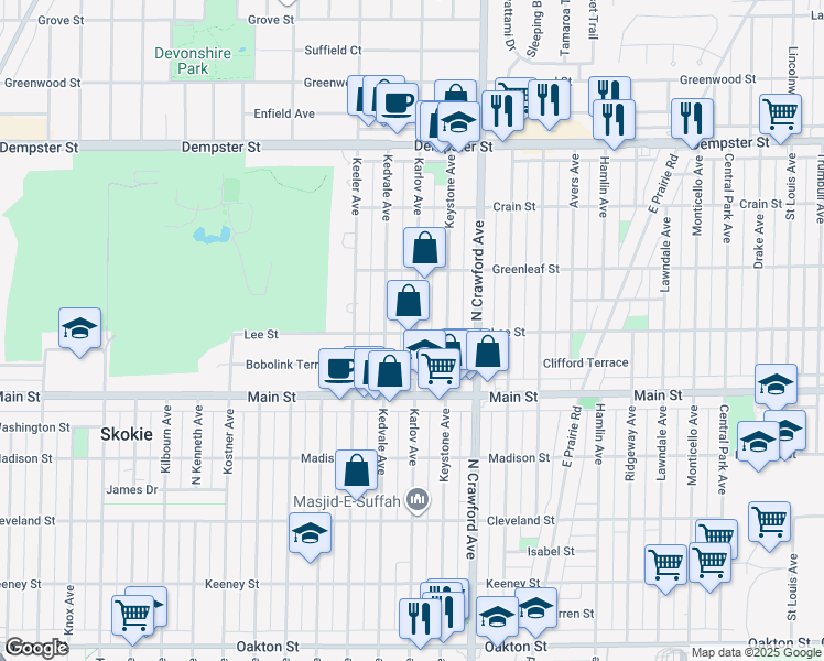 map of restaurants, bars, coffee shops, grocery stores, and more near 8522 Karlov Avenue in Skokie