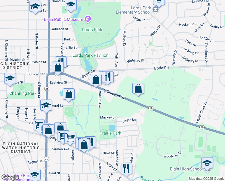map of restaurants, bars, coffee shops, grocery stores, and more near 839 Park Bluff Circle in Elgin