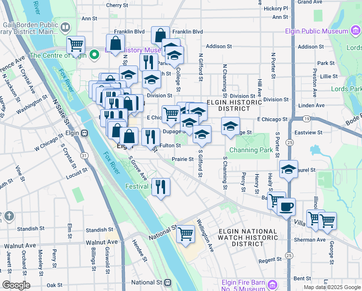 map of restaurants, bars, coffee shops, grocery stores, and more near 60 South Chapel Street in Elgin