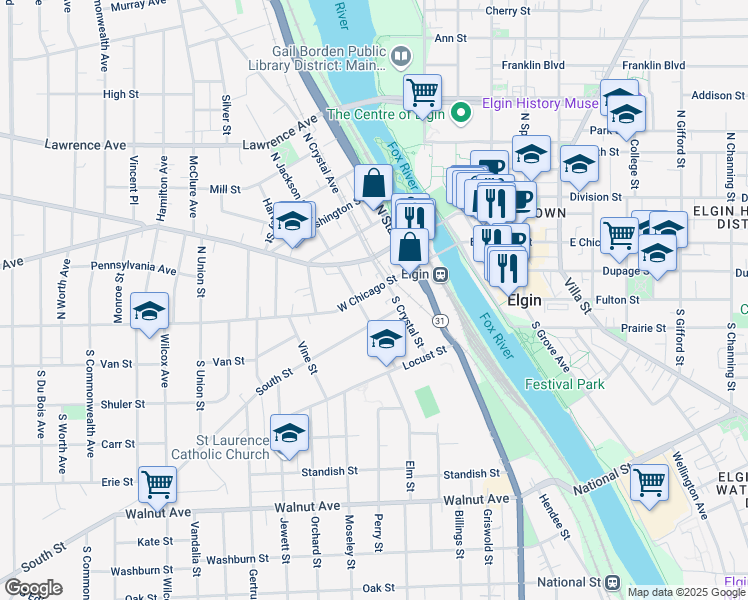 map of restaurants, bars, coffee shops, grocery stores, and more near in Elgin