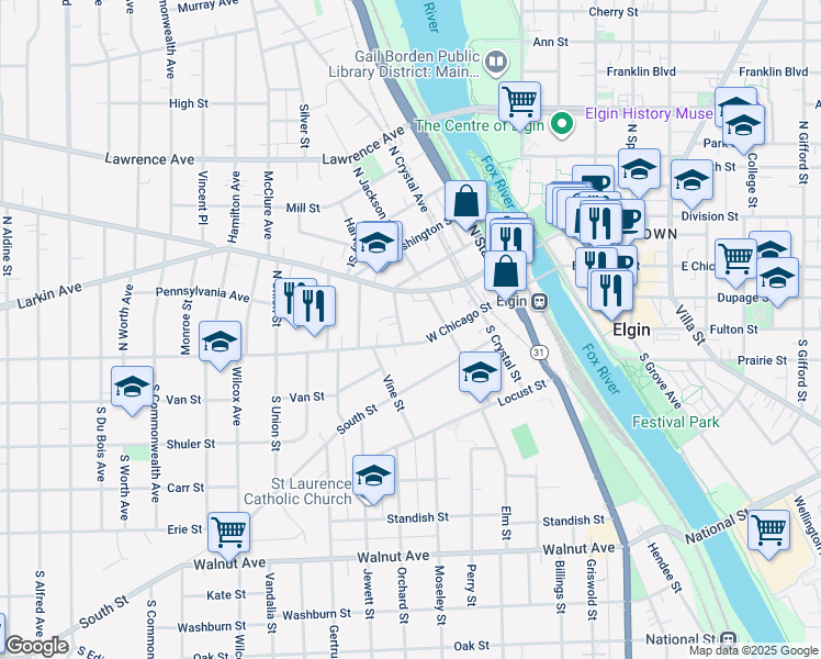 map of restaurants, bars, coffee shops, grocery stores, and more near 34 North Jackson Street in Elgin