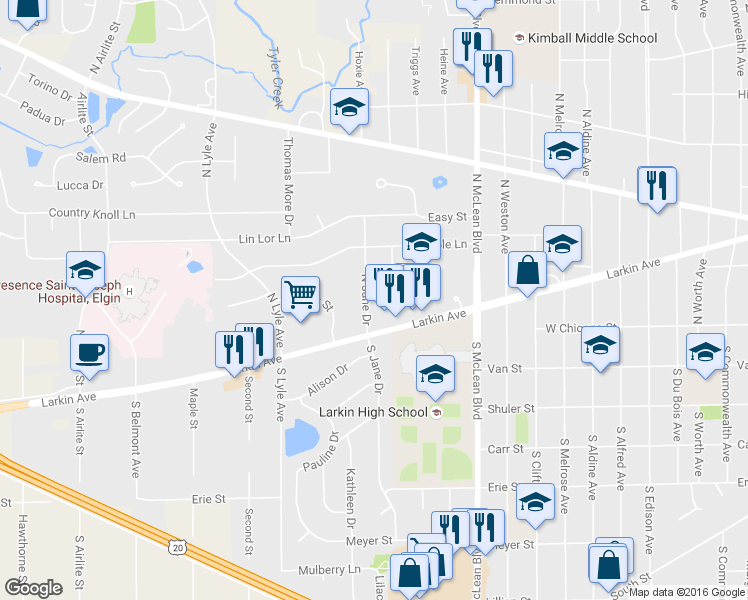 map of restaurants, bars, coffee shops, grocery stores, and more near 50 North Jane Drive in Elgin