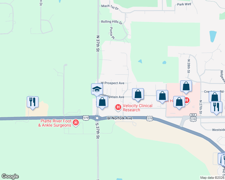 map of restaurants, bars, coffee shops, grocery stores, and more near 3501 Prospect Avenue in Norfolk