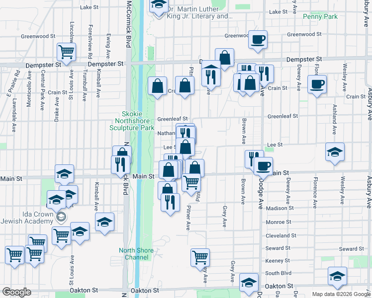 map of restaurants, bars, coffee shops, grocery stores, and more near 2321 Lee Street in Evanston