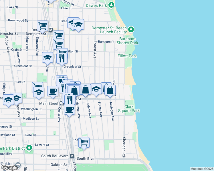 map of restaurants, bars, coffee shops, grocery stores, and more near 200 Lee Street in Evanston