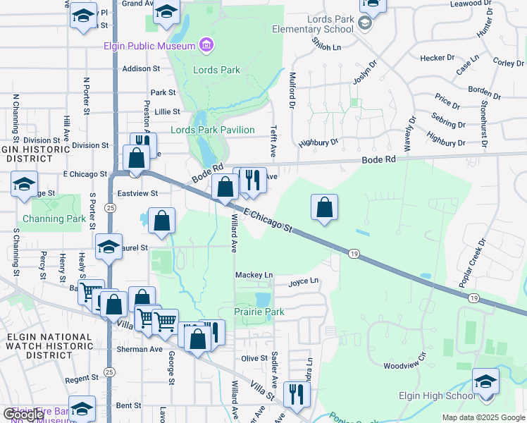map of restaurants, bars, coffee shops, grocery stores, and more near 839 Park Bluff Circle in Elgin