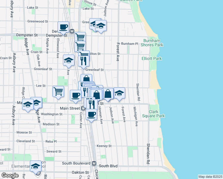 map of restaurants, bars, coffee shops, grocery stores, and more near 945 Judson Avenue in Evanston