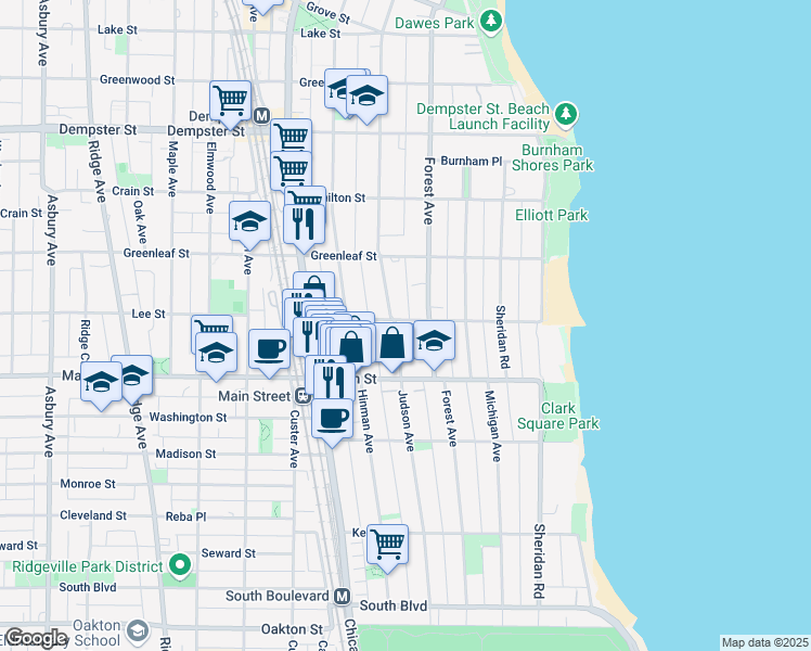 map of restaurants, bars, coffee shops, grocery stores, and more near 1007 Judson Avenue in Evanston