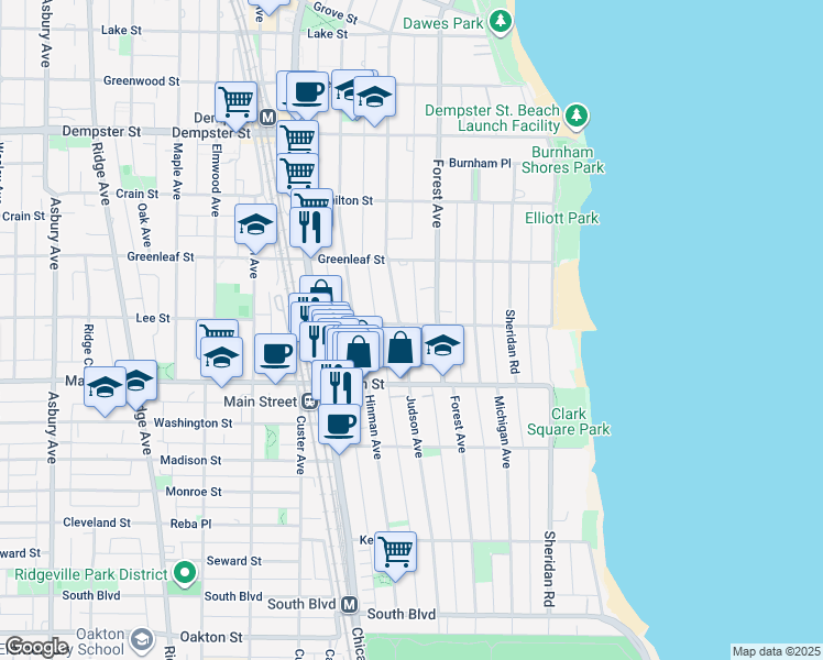 map of restaurants, bars, coffee shops, grocery stores, and more near 1007 Judson Avenue in Evanston