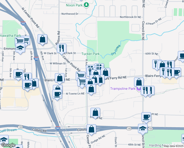 map of restaurants, bars, coffee shops, grocery stores, and more near 213 C Avenue in Hiawatha