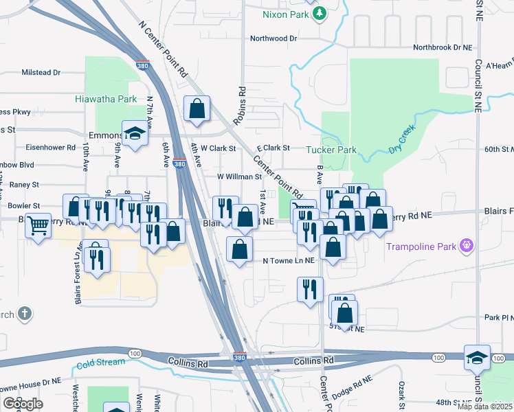 map of restaurants, bars, coffee shops, grocery stores, and more near 209 2nd Avenue in Hiawatha