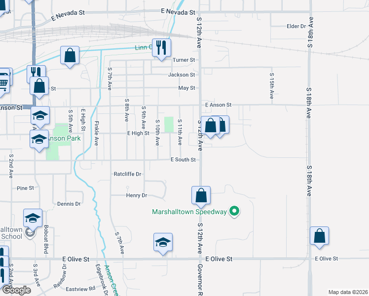 map of restaurants, bars, coffee shops, grocery stores, and more near 1000-1098 South 11th Avenue in Marshalltown