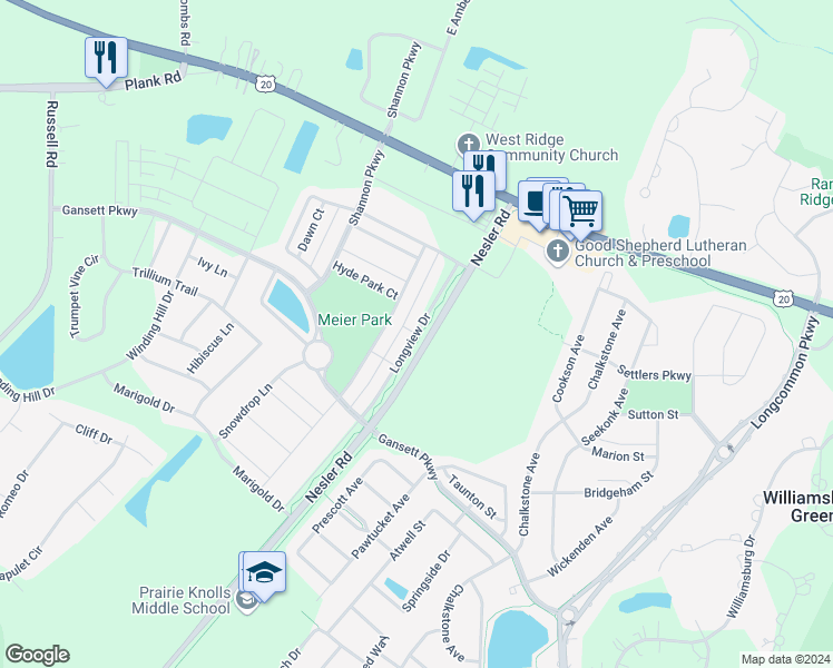 map of restaurants, bars, coffee shops, grocery stores, and more near 244 Longview Drive in Elgin