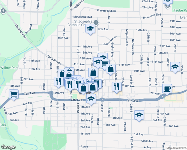 map of restaurants, bars, coffee shops, grocery stores, and more near 966 13th Street in Marion