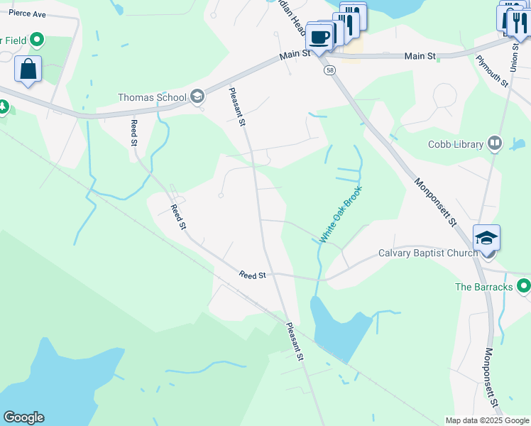 map of restaurants, bars, coffee shops, grocery stores, and more near 221 Pleasant Street in Hanson