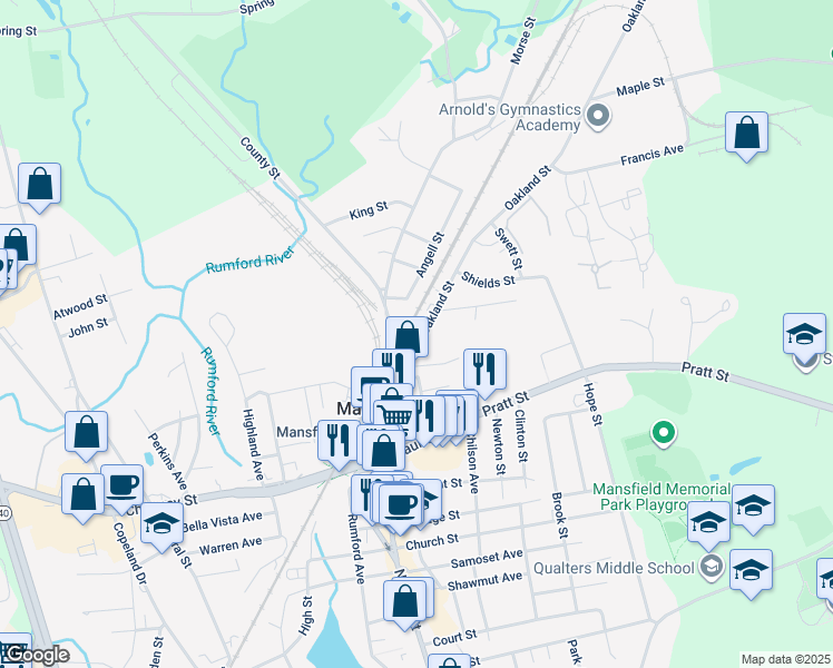 map of restaurants, bars, coffee shops, grocery stores, and more near 29 Oakland Street in Mansfield