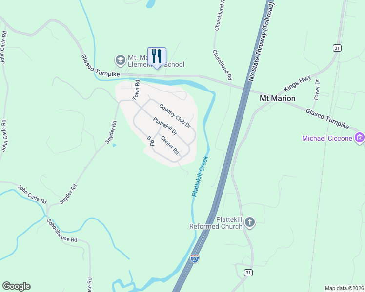 map of restaurants, bars, coffee shops, grocery stores, and more near 47 Plattekill Drive in Mount Marion