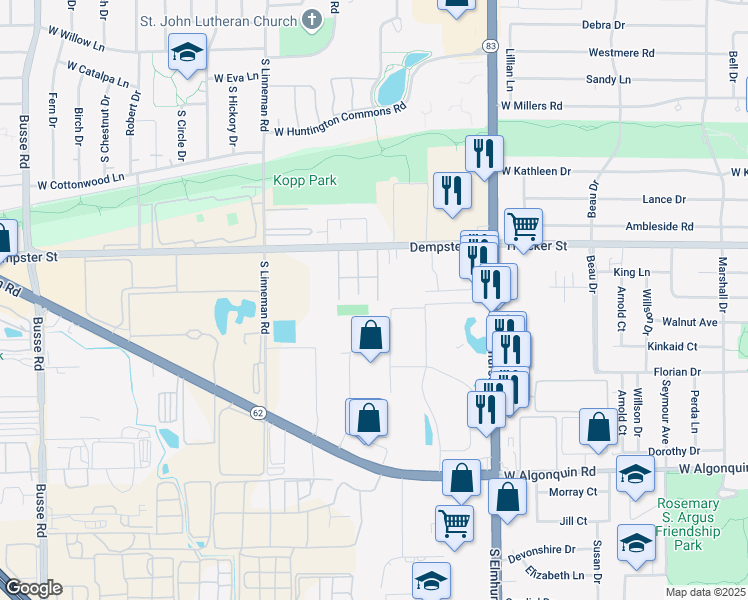 map of restaurants, bars, coffee shops, grocery stores, and more near 557 Dempster Street in Mount Prospect