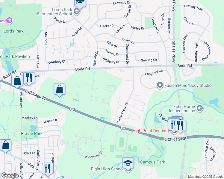 map of restaurants, bars, coffee shops, grocery stores, and more near 1123 Ash Drive in Elgin