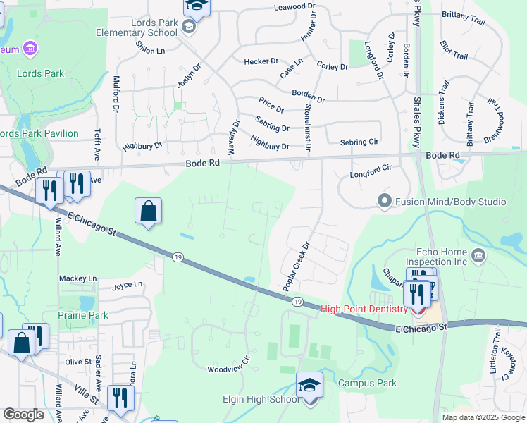 map of restaurants, bars, coffee shops, grocery stores, and more near 1123 Ash Drive in Elgin