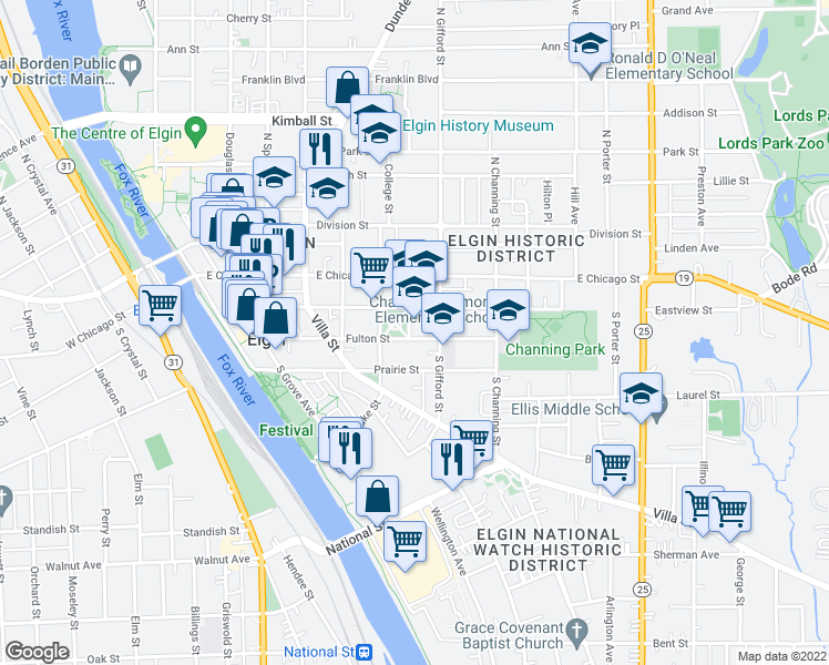 map of restaurants, bars, coffee shops, grocery stores, and more near 59 Park Row in Elgin