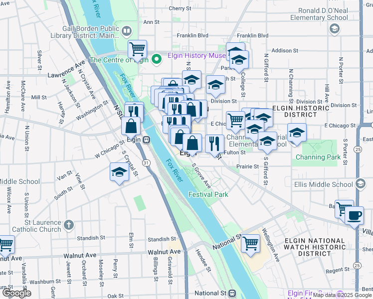 map of restaurants, bars, coffee shops, grocery stores, and more near in Elgin