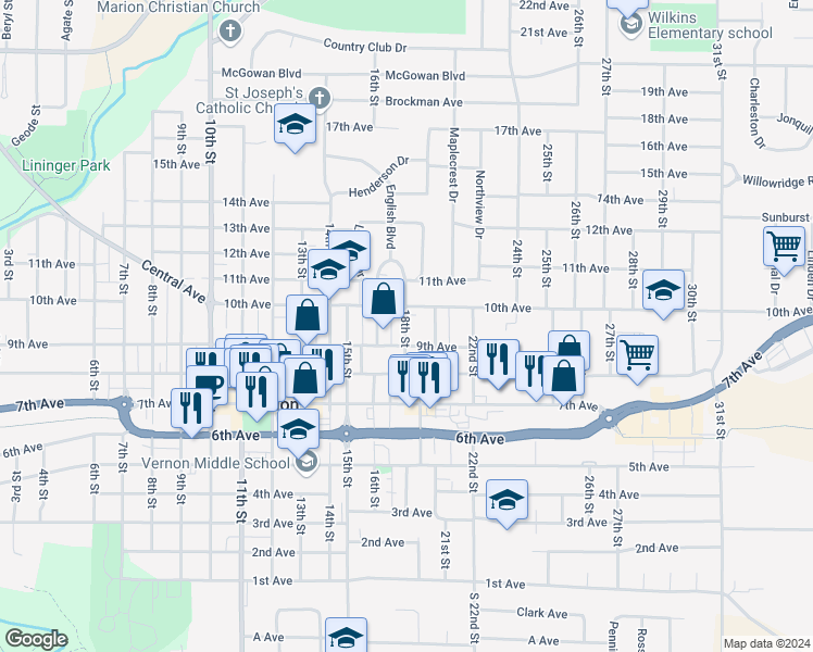 map of restaurants, bars, coffee shops, grocery stores, and more near 975 18th Street in Marion