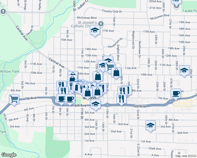 map of restaurants, bars, coffee shops, grocery stores, and more near 966 13th Street in Marion