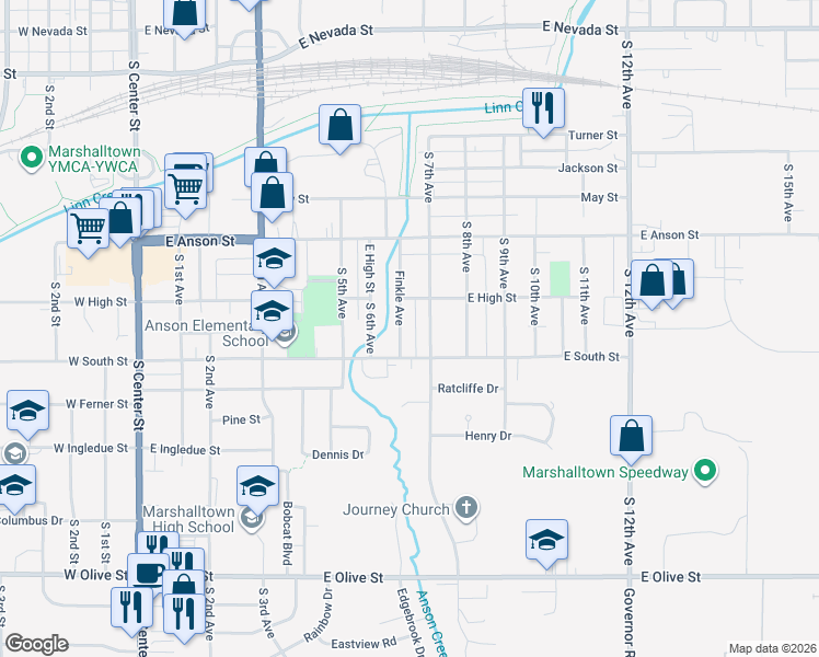 map of restaurants, bars, coffee shops, grocery stores, and more near 1001-1099 Finkle Ave in Marshalltown
