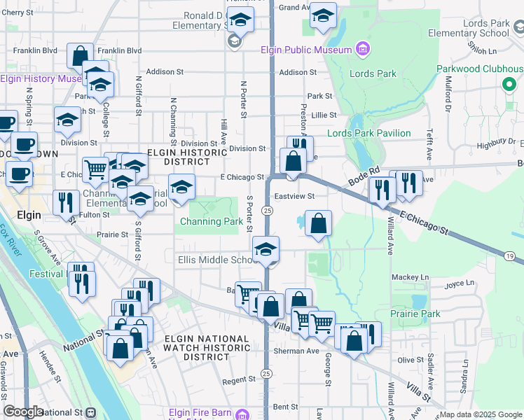 map of restaurants, bars, coffee shops, grocery stores, and more near 106 South Liberty Street in Elgin
