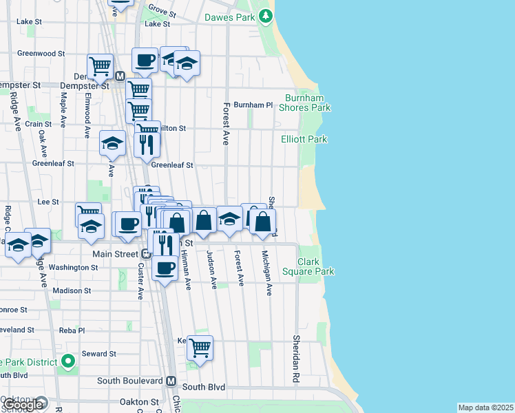map of restaurants, bars, coffee shops, grocery stores, and more near 200 Lee Street in Evanston