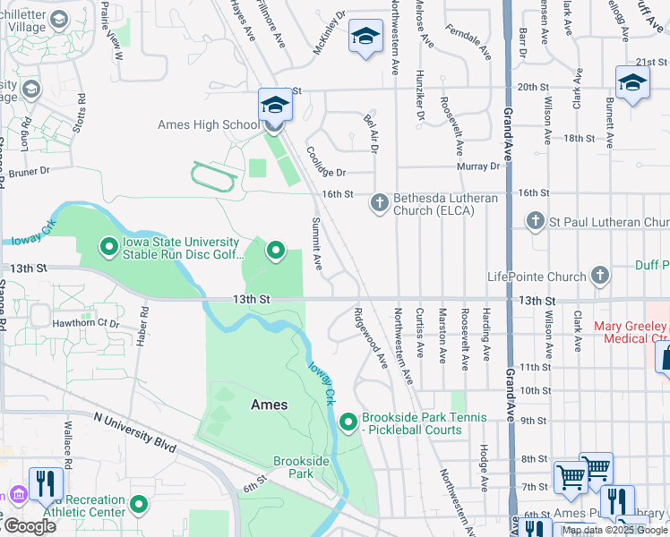 map of restaurants, bars, coffee shops, grocery stores, and more near 1414 Ridgewood Avenue in Ames