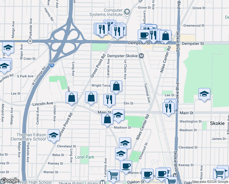 map of restaurants, bars, coffee shops, grocery stores, and more near 5135 Wright Terrace in Skokie