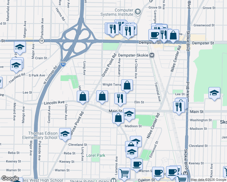 map of restaurants, bars, coffee shops, grocery stores, and more near 8516 Laramie Avenue in Skokie