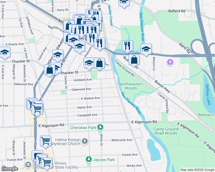map of restaurants, bars, coffee shops, grocery stores, and more near 1638 Oakwood Avenue in Des Plaines
