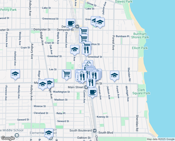map of restaurants, bars, coffee shops, grocery stores, and more near Chicago Avenue & Lee Street in Evanston