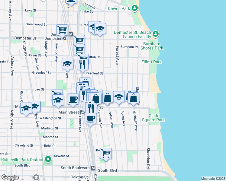 map of restaurants, bars, coffee shops, grocery stores, and more near 1005 Forest Avenue in Evanston