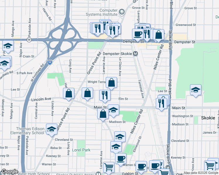 map of restaurants, bars, coffee shops, grocery stores, and more near 5135 Wright Terrace in Skokie