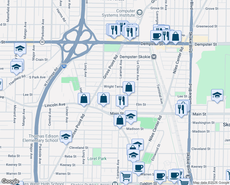 map of restaurants, bars, coffee shops, grocery stores, and more near 8516 Laramie Avenue in Skokie