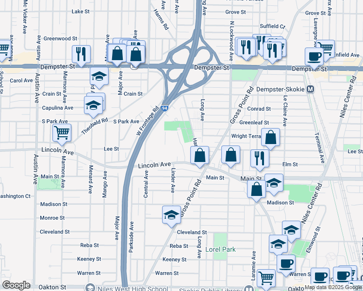 map of restaurants, bars, coffee shops, grocery stores, and more near 8431 Lotus Avenue in Skokie