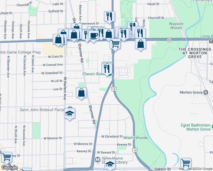 map of restaurants, bars, coffee shops, grocery stores, and more near 8506 North Waukegan Road in Morton Grove